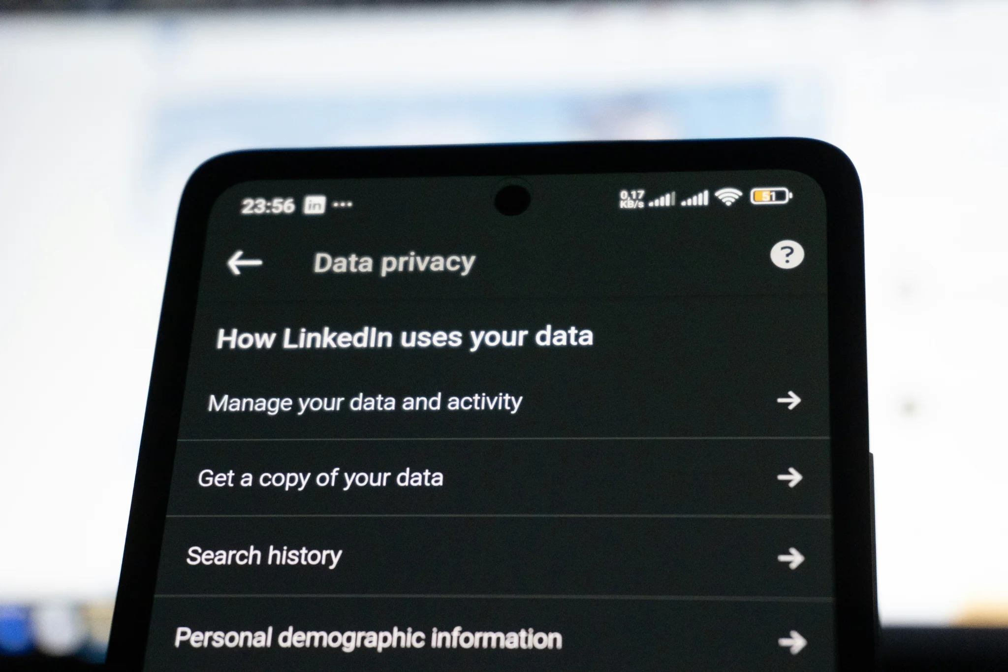 LinkedIn's data privacy settings open on a smartphone screen